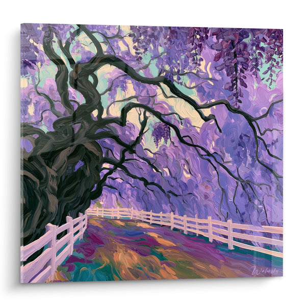 Tableau Glycine mauve et chemin blanc bordé - Sentier fleuri - Edition Glycine