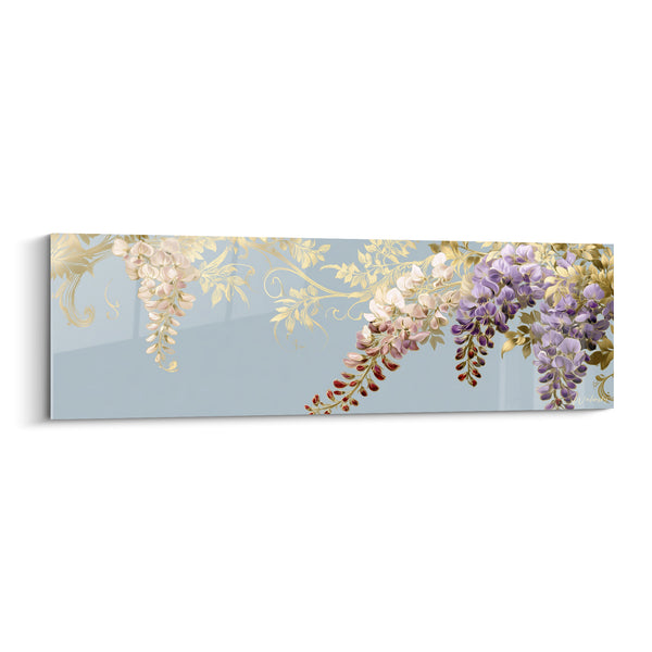 Tableau Grappes roses et mauves sur arabesques dorées - Fond bleu poudré - Edition Glycine