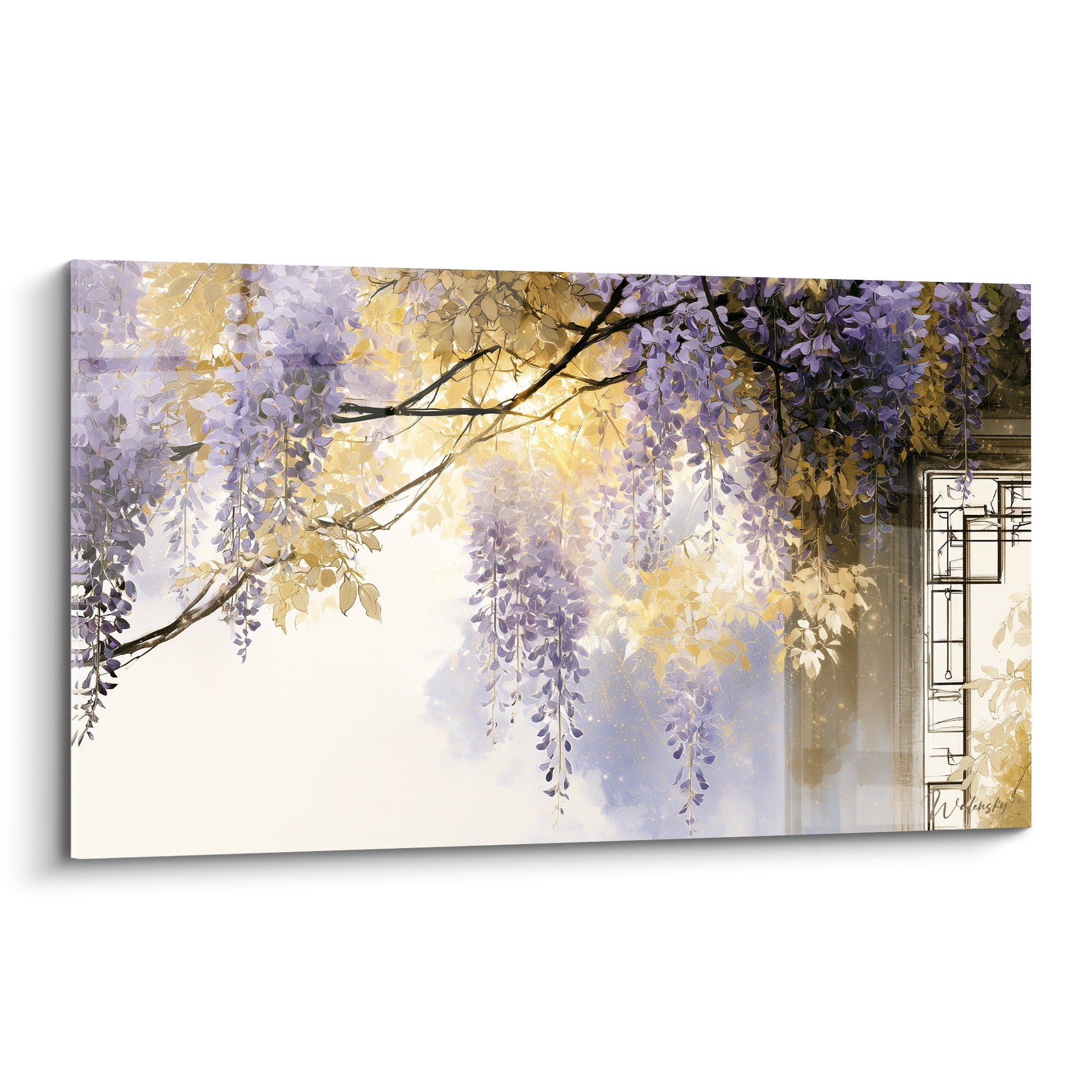Glycine mauve et dorée en grappes retombantes sur fond ivoire, style aquarelle lumineux et délicat