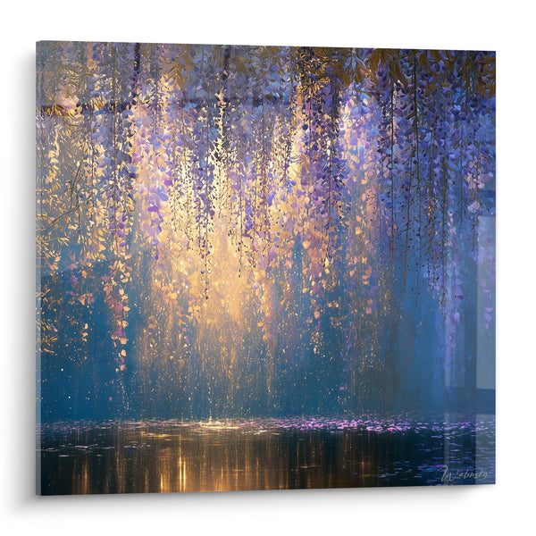 Tableau Grappes mauves et lumière dorée sur eau - Cascade de lumière - Edition Glycine