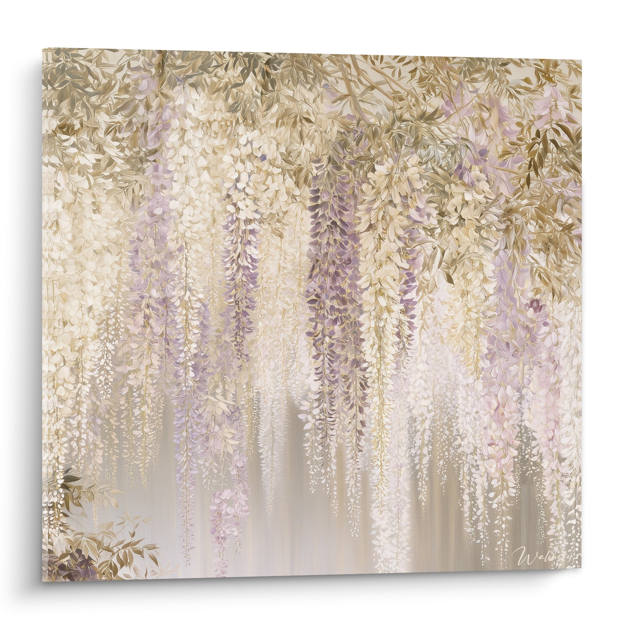 Glycine mauve et dorée aux grappes tombantes peintes avec finesse sur fond ivoire