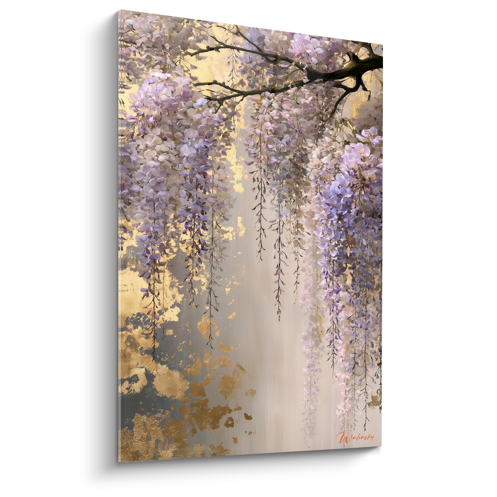Glycine mauve en cascade sur fond doré et beige, grappes florales suspendues à une branche