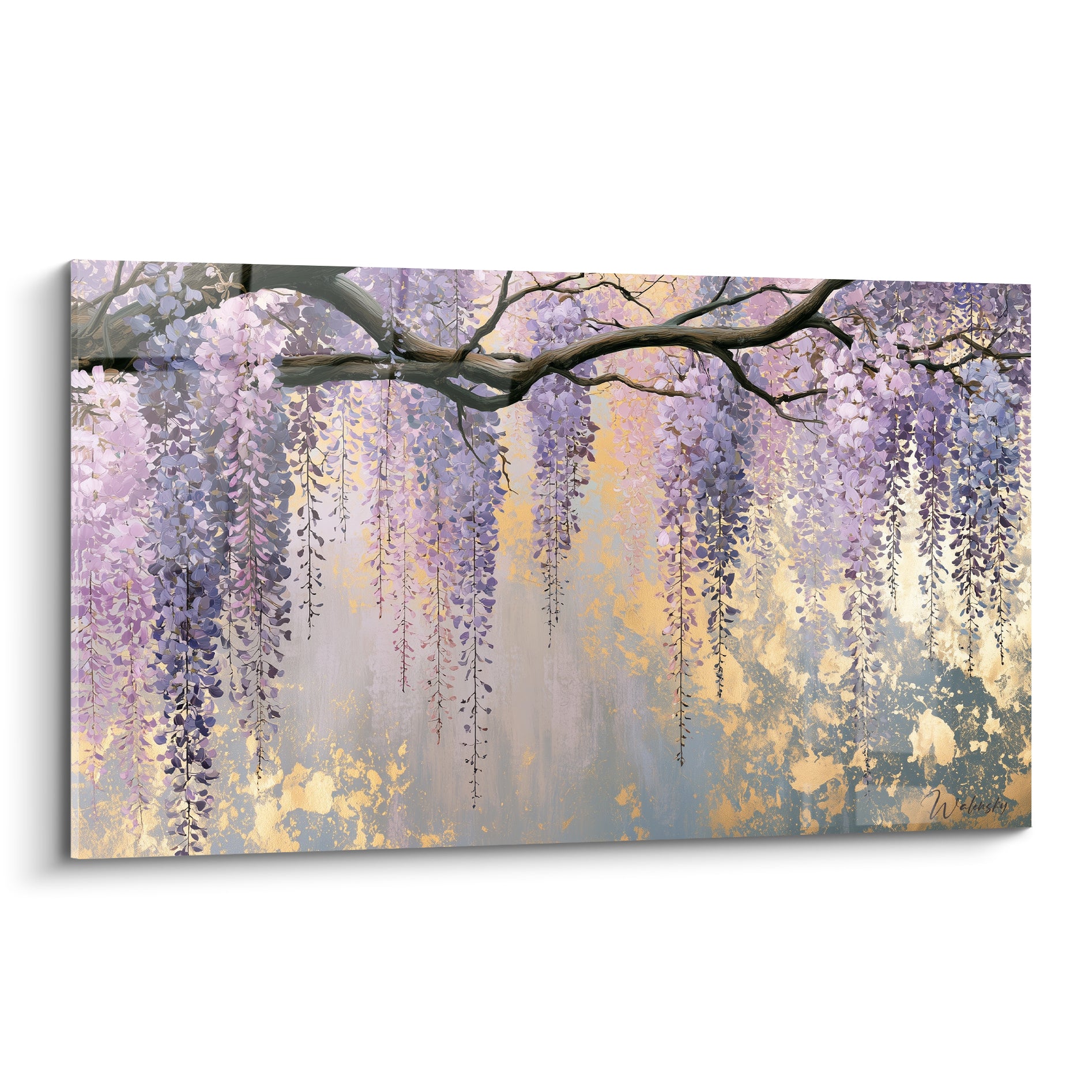 Glycine mauve et dorée en cascade sur une branche sombre, style pictural délicat
