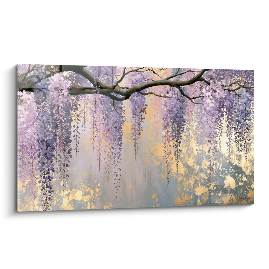 Tableau Branche fleurie mauve et dorée - Souffle printanier - Edition Glycine
