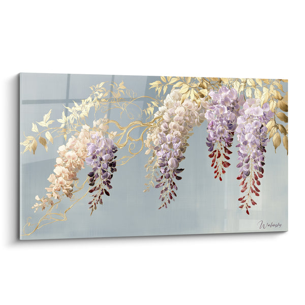 Tableau Grappes mauves et ivoire aux pointes bordeaux - Feuillage doré stylisé - Edition Glycine