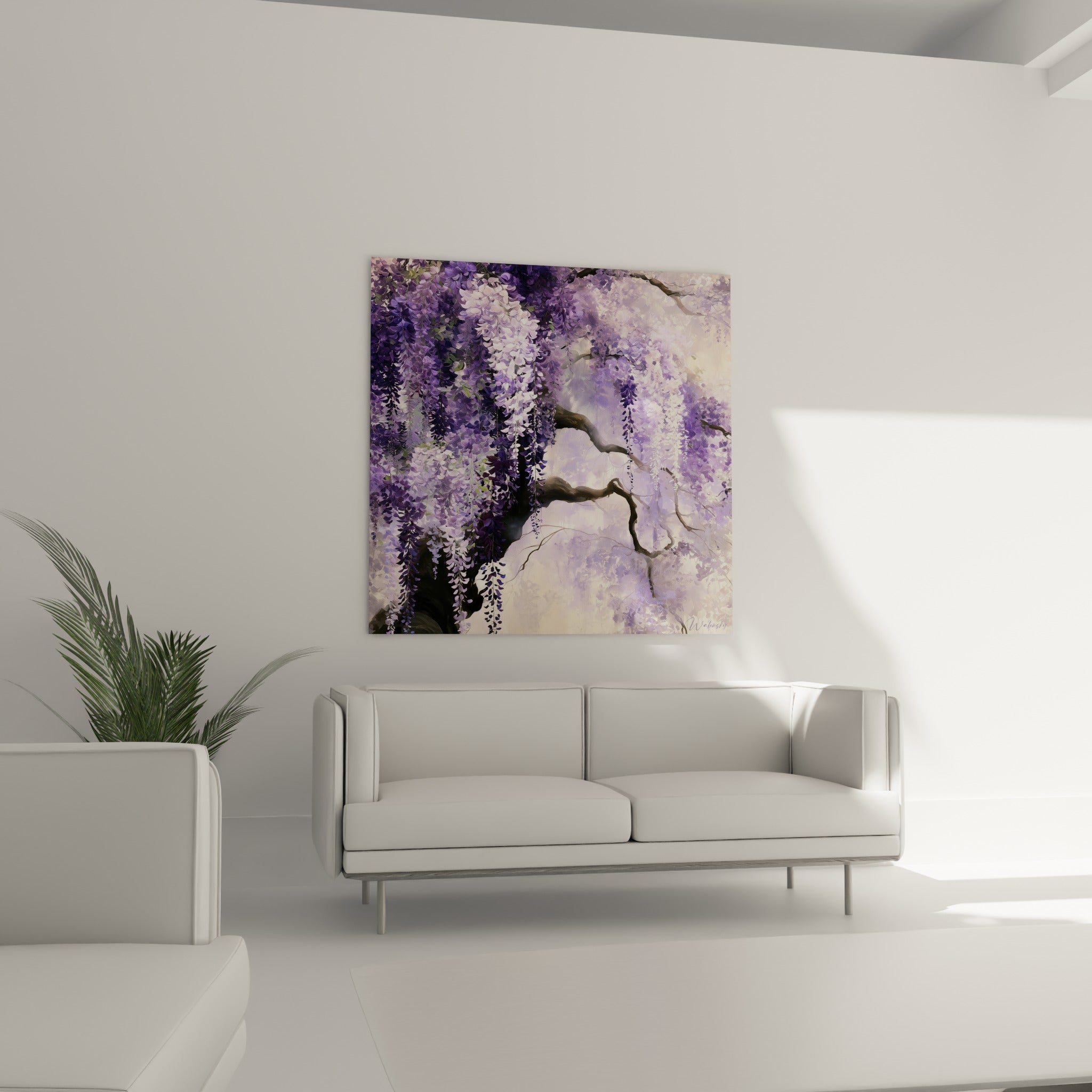 Fleurs de glycine violet profond et blanc crème en cascade, au-dessus d'un canapé dans un salon lumineux