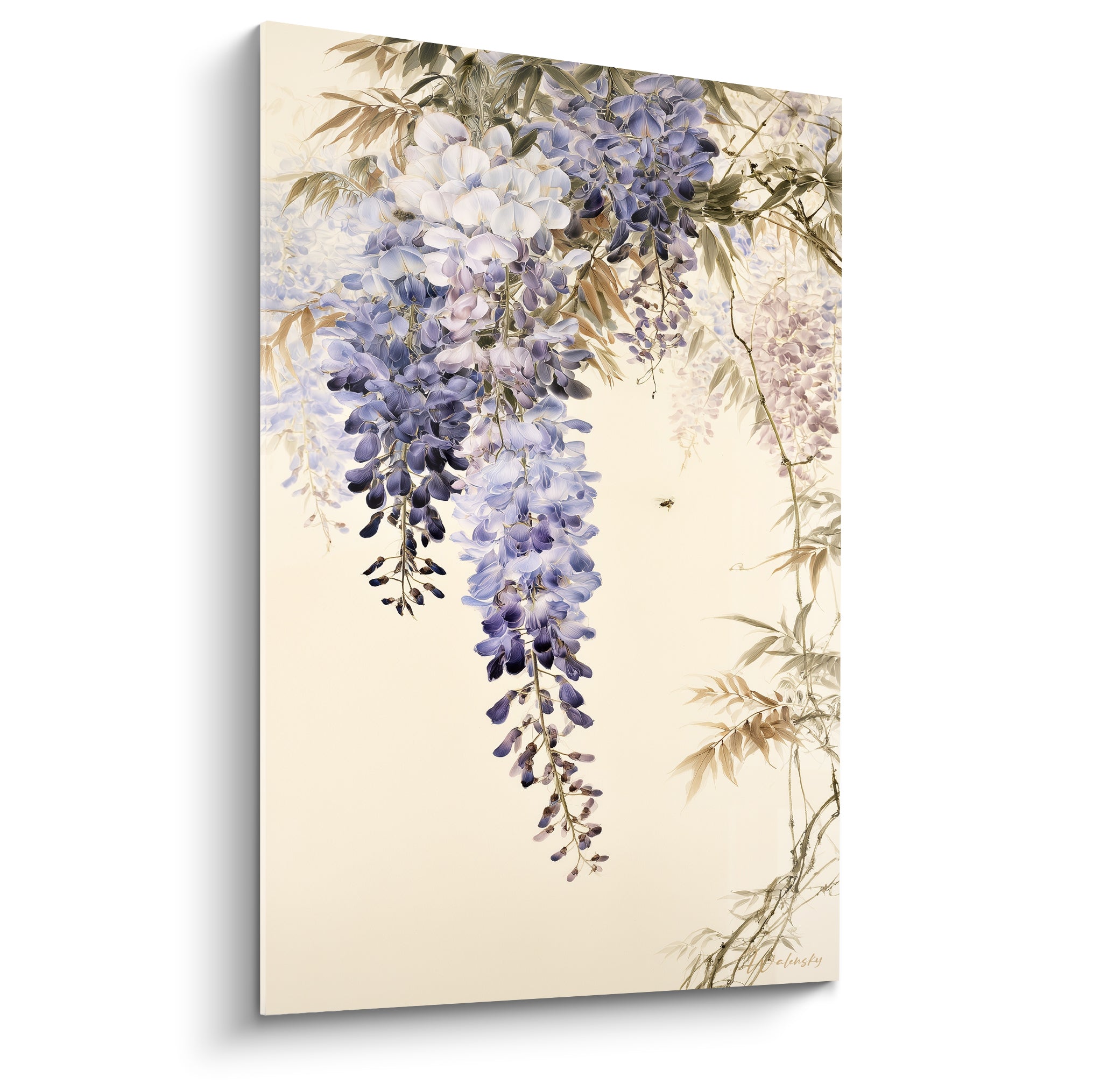 Glycine mauve et blanche en cascade sur fond ivoire, style botanique japonisant délicat