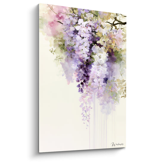 Tableau Grappes violettes et roses sur fond ivoire aquarelle - Coulures diluées descendantes - Edition Glycine