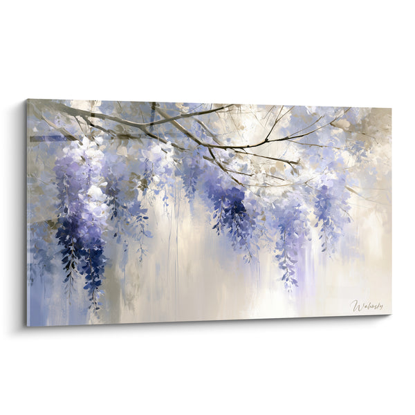 Tableau Grappes bleu lavande et beige sur branche fine - Voile de brume claire - Edition Glycine