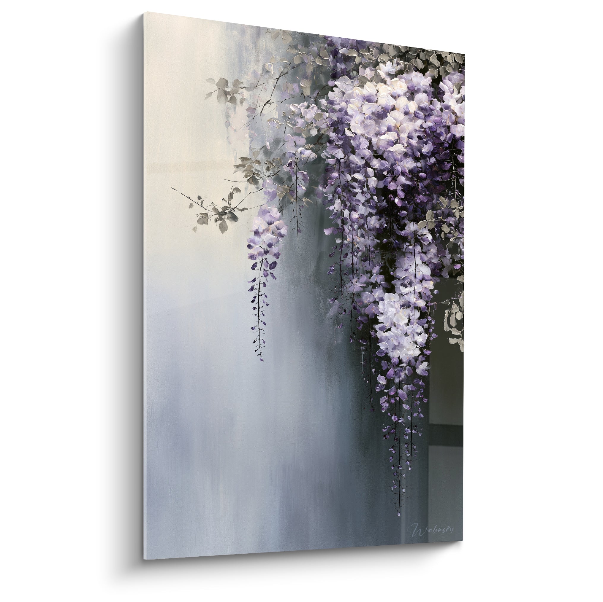 Glycine mauve et blanche en grappes tombantes sur fond gris dégradé, style peinture fluide