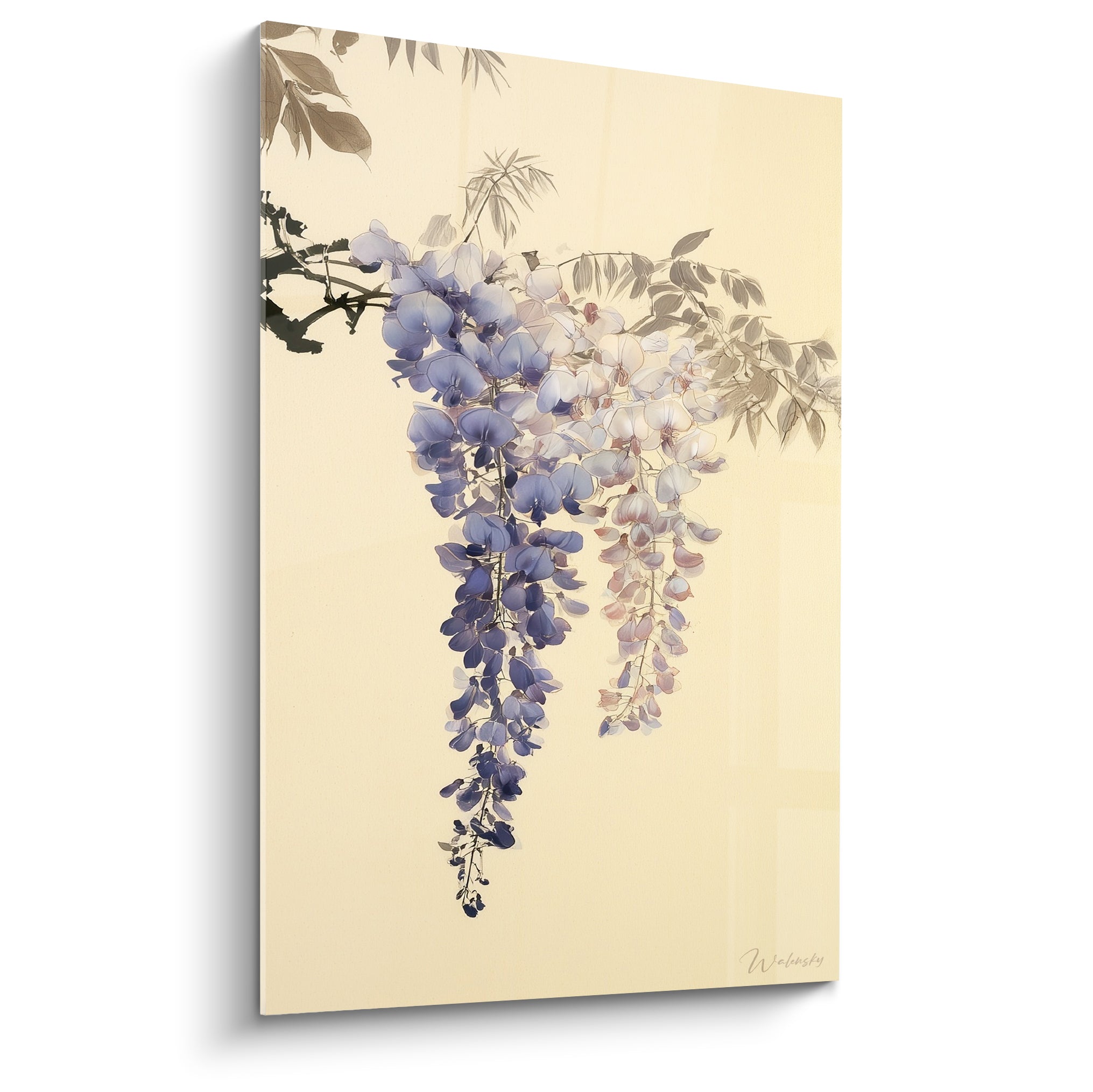 Glycine aux grappes mauve et blanc cassé retombant sur fond beige crème, style japonisant