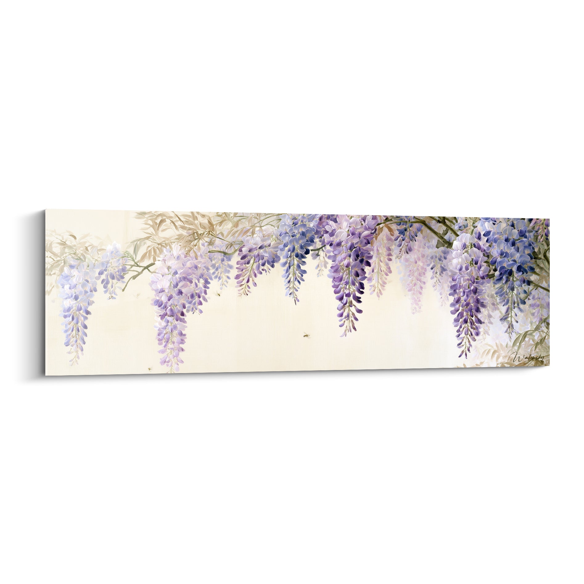 Glycine mauve et blanche en grappes suspendues sur fond ivoire, style pictural délicat