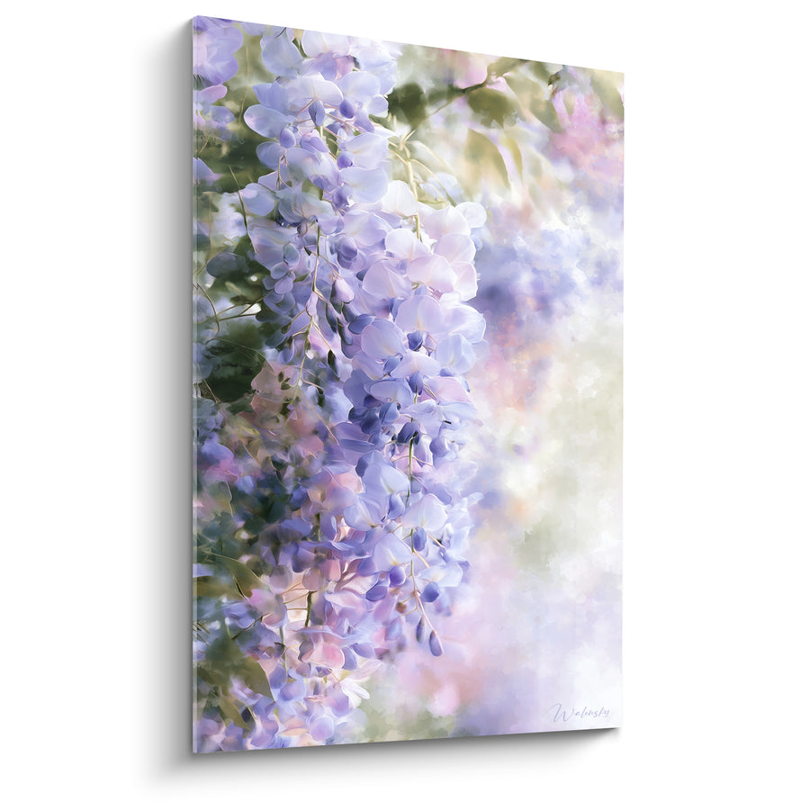 Tableau Grappes lavande et vert tendre sur fond flou - Pétales en gros plan - Edition Glycine