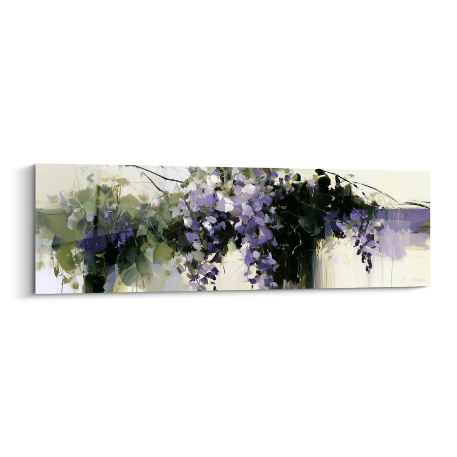 Cuadro Racimos morados y verdes con vetas negras verticales - Ramas horizontales estiradas - Edición Glycine