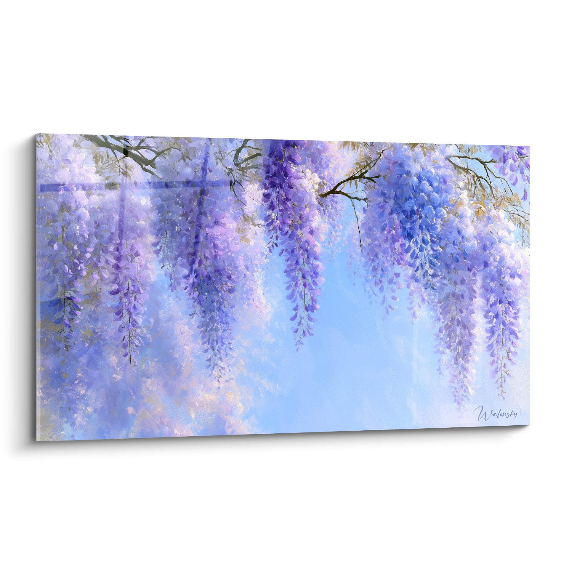 Glycine mauve et bleu pastel en grappes suspendues, style impressionniste et lumière douce