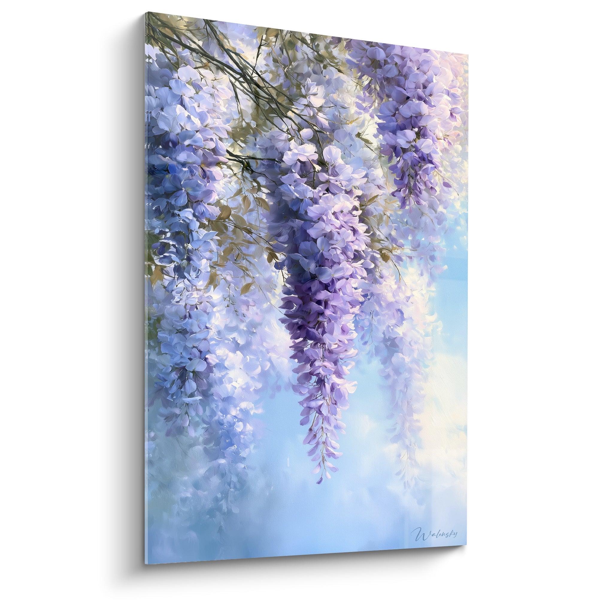 Glycine mauve en grappes tombantes sur fond bleu ciel dégradé, style aquarelle lumineux