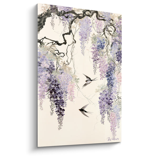 Tableau Hirondelles noires et blanches entre grappes mauves - Duo d'hirondelles en vol - Edition Glycine