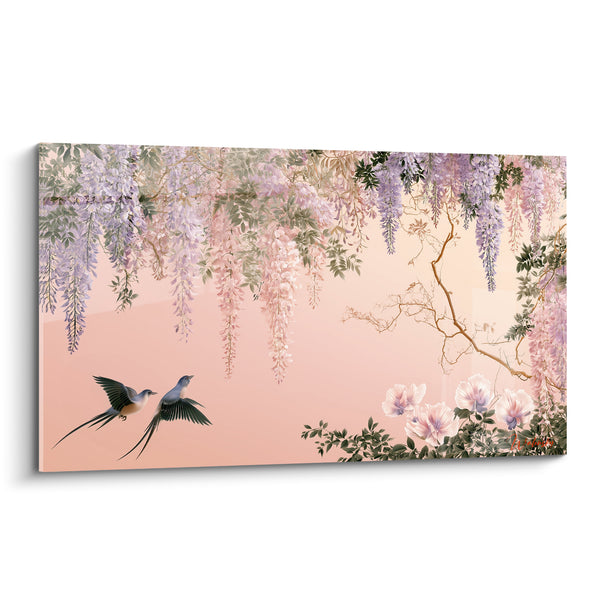 Tableau Hirondelles mauves et roses survolant un fond pêche - Queues fourchues effilées - Edition Glycine