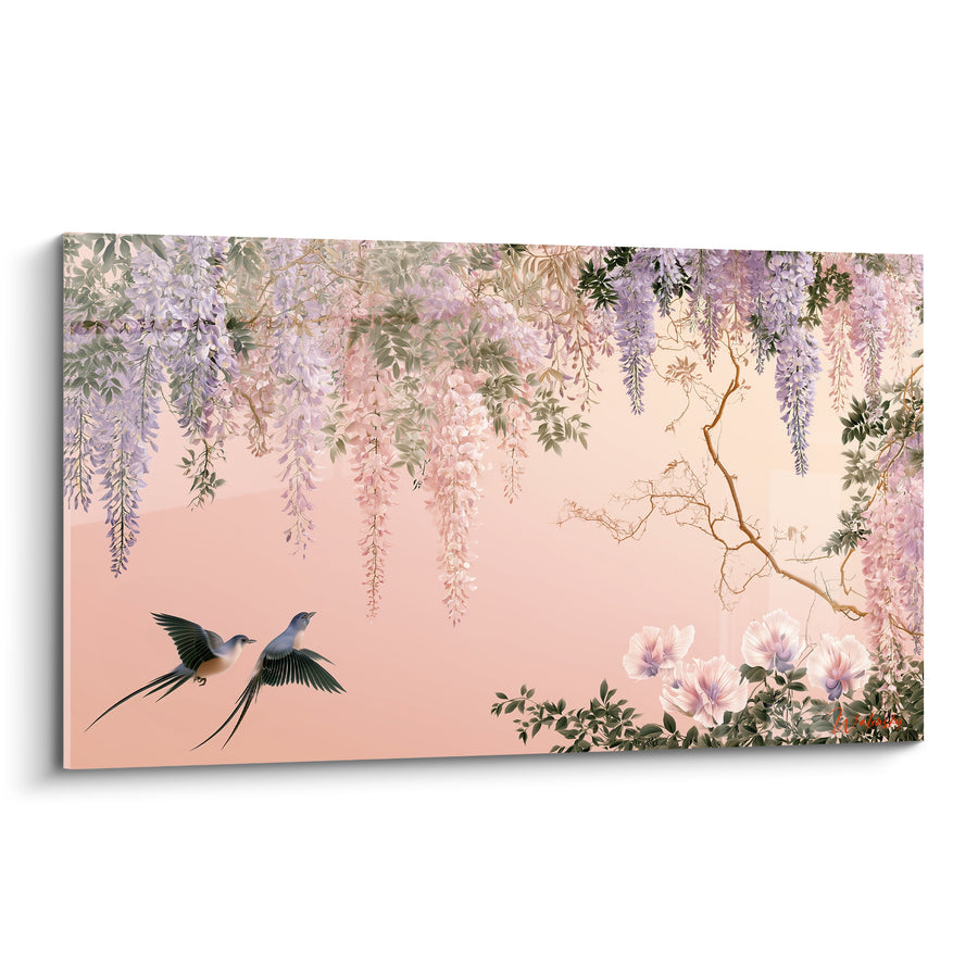Tableau Hirondelles mauves et roses survolant un fond pêche - Queues fourchues effilées - Edition Glycine