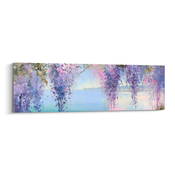 Tableau Grappes mauves et roses surplombant un lac calme - Île lointaine embrumée - Edition Glycine