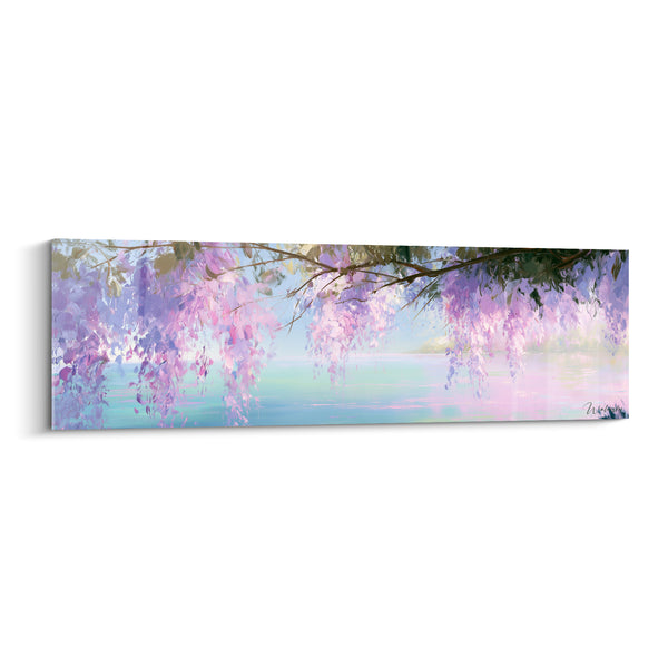 Tableau Grappes mauves et roses surplombant une eau turquoise - Reflet argenté du lac - Edition Glycine