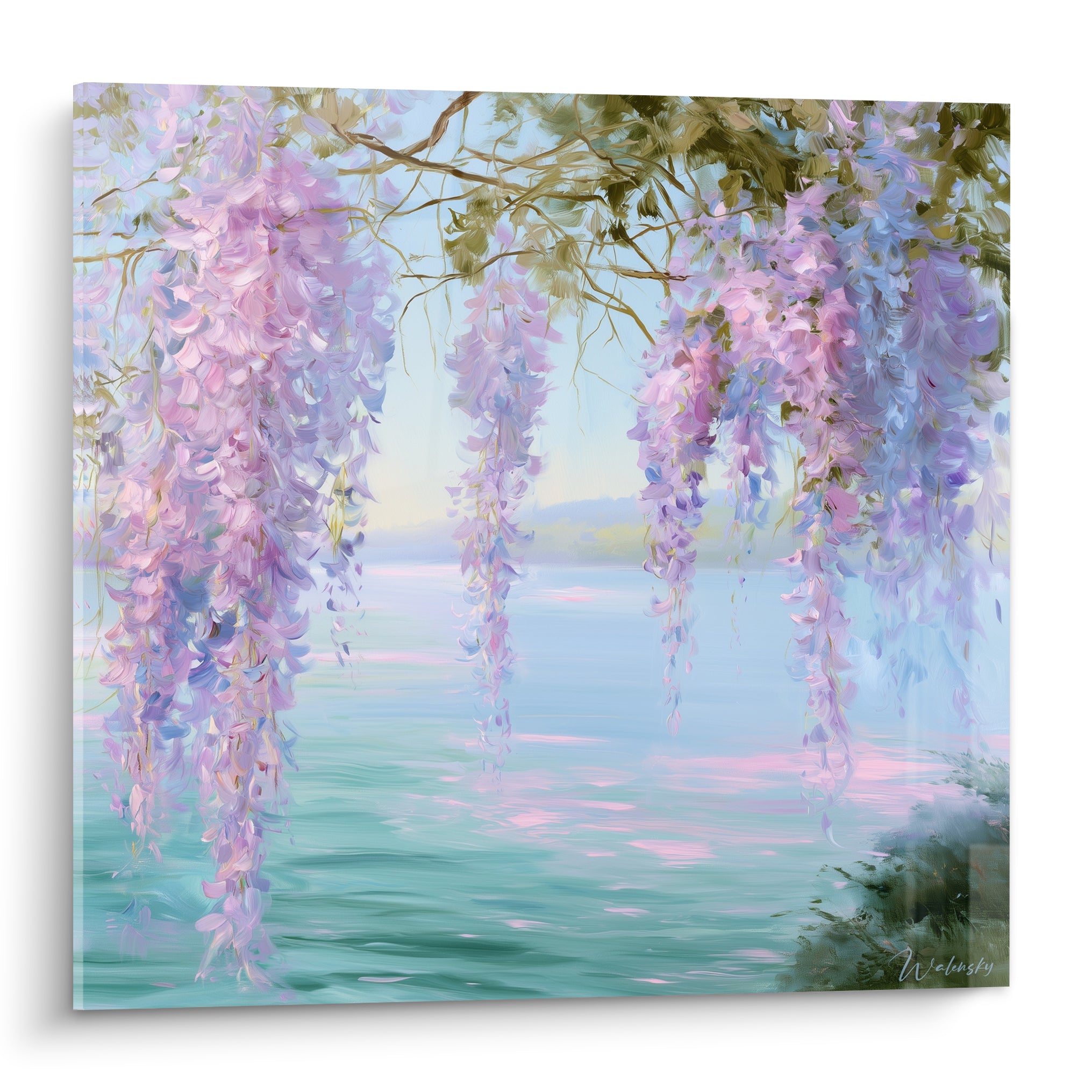 Glycine mauve et lilas en cascade sur fond de lac turquoise et ciel pastel