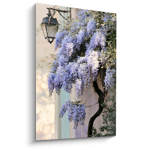 Tableau Glycine mauve et lanterne murale ancienne - Ruelle fleurie - Edition Glycine