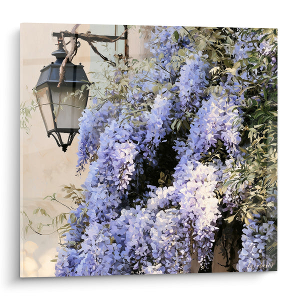 Tableau Glycine mauve et lanterne ancienne - Ruelle fleurie au printemps - Edition Glycine