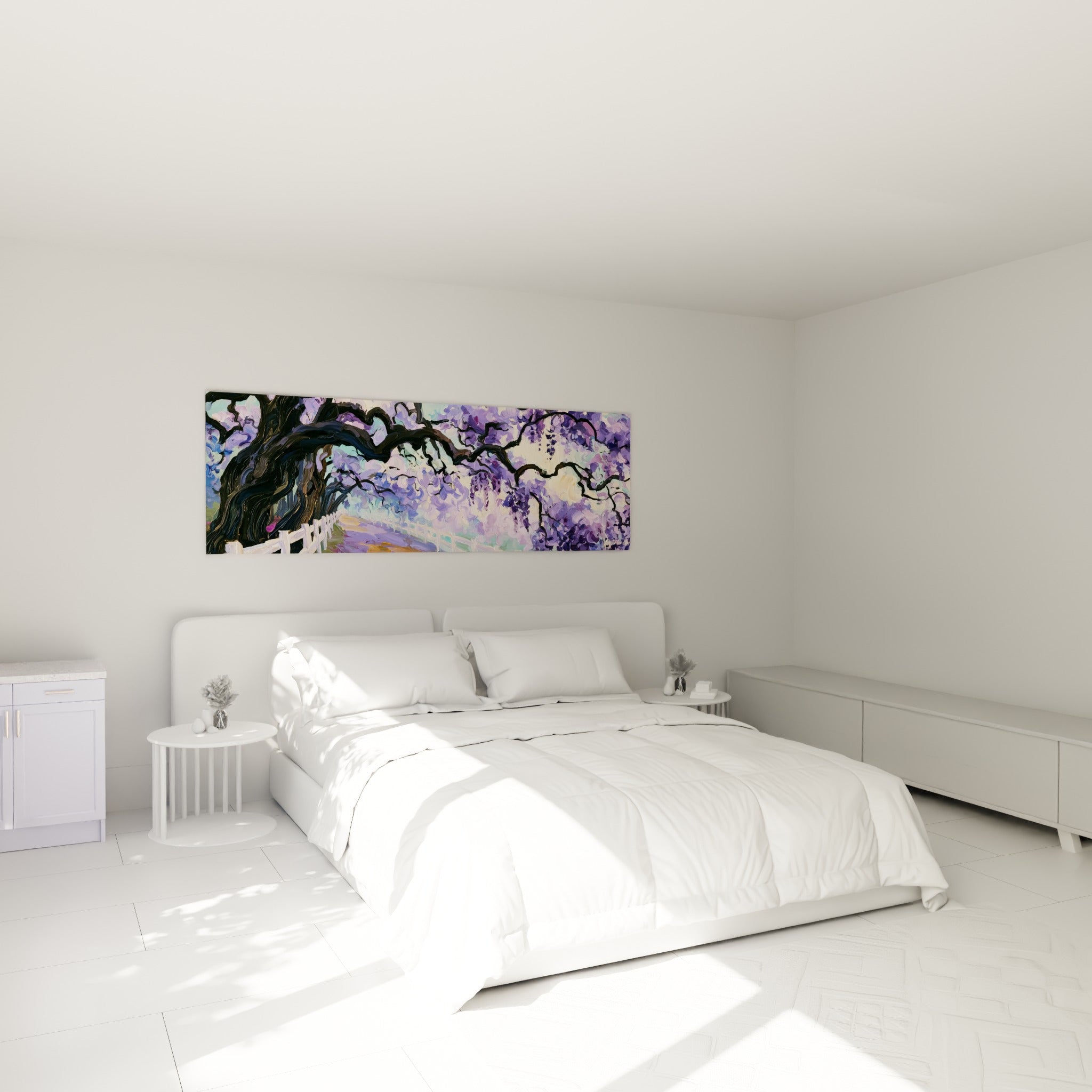 Branches de glycine mauve et lavande peintes au-dessus d'un lit dans une chambre claire