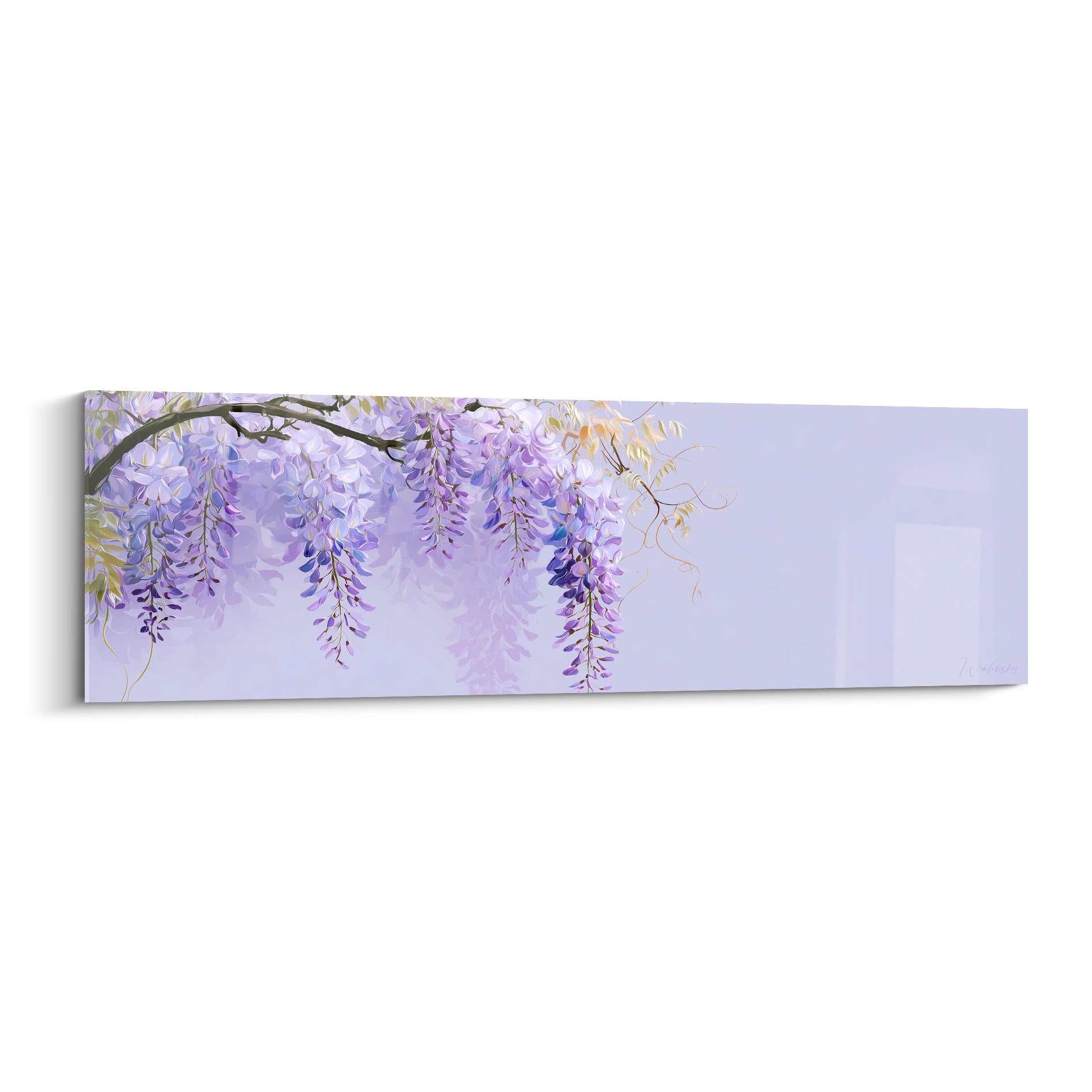 Glycine mauve et lavande en grappes tombantes sur fond lilas pâle, style pictural doux