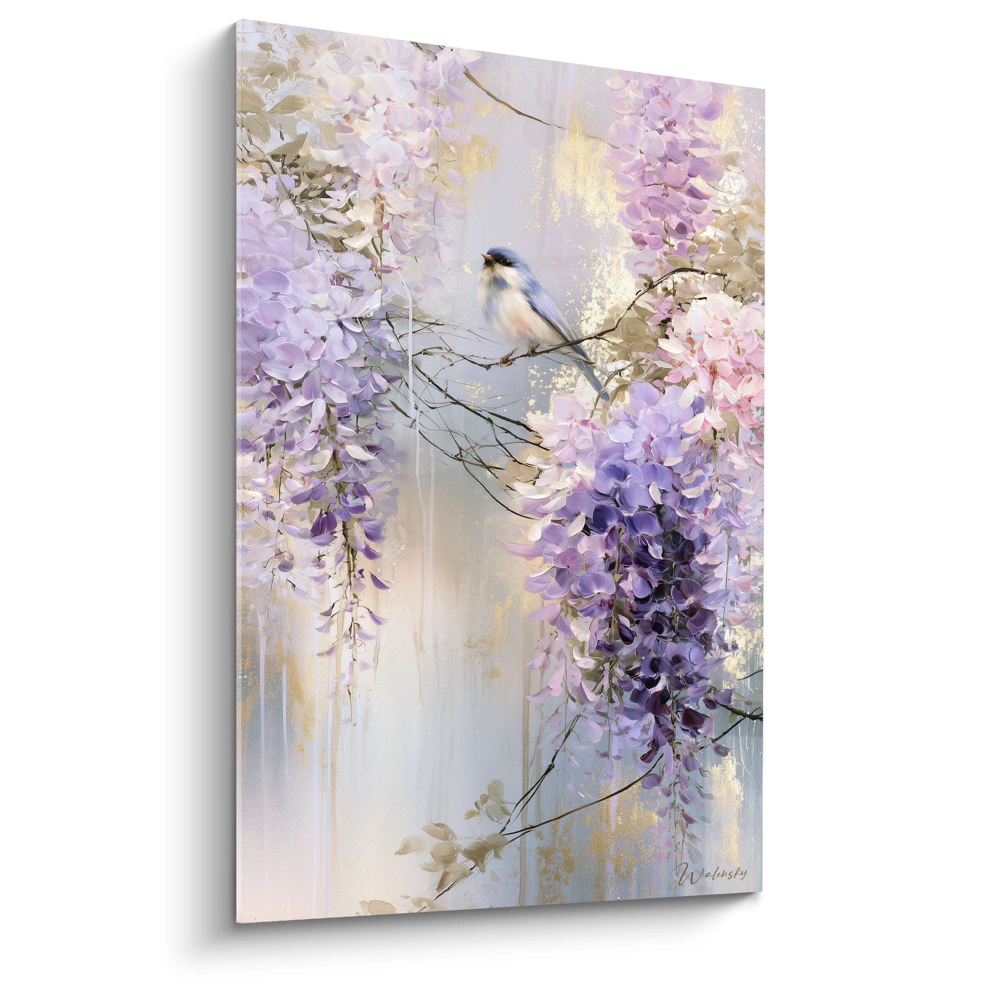 Glycine mauve et rose en cascade avec mésange bleue posée sur une branche dorée