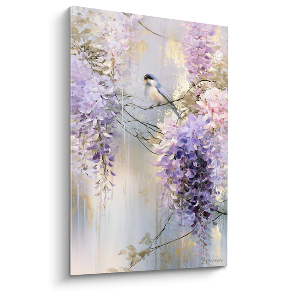 Tableau Grappes mauve et rose avec mésange bleue - Halte printanière - Edition Glycine
