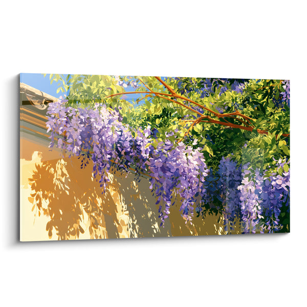 Tableau Grappes mauves et feuillage doré sur façade ocre - Été provençal - Edition Glycine