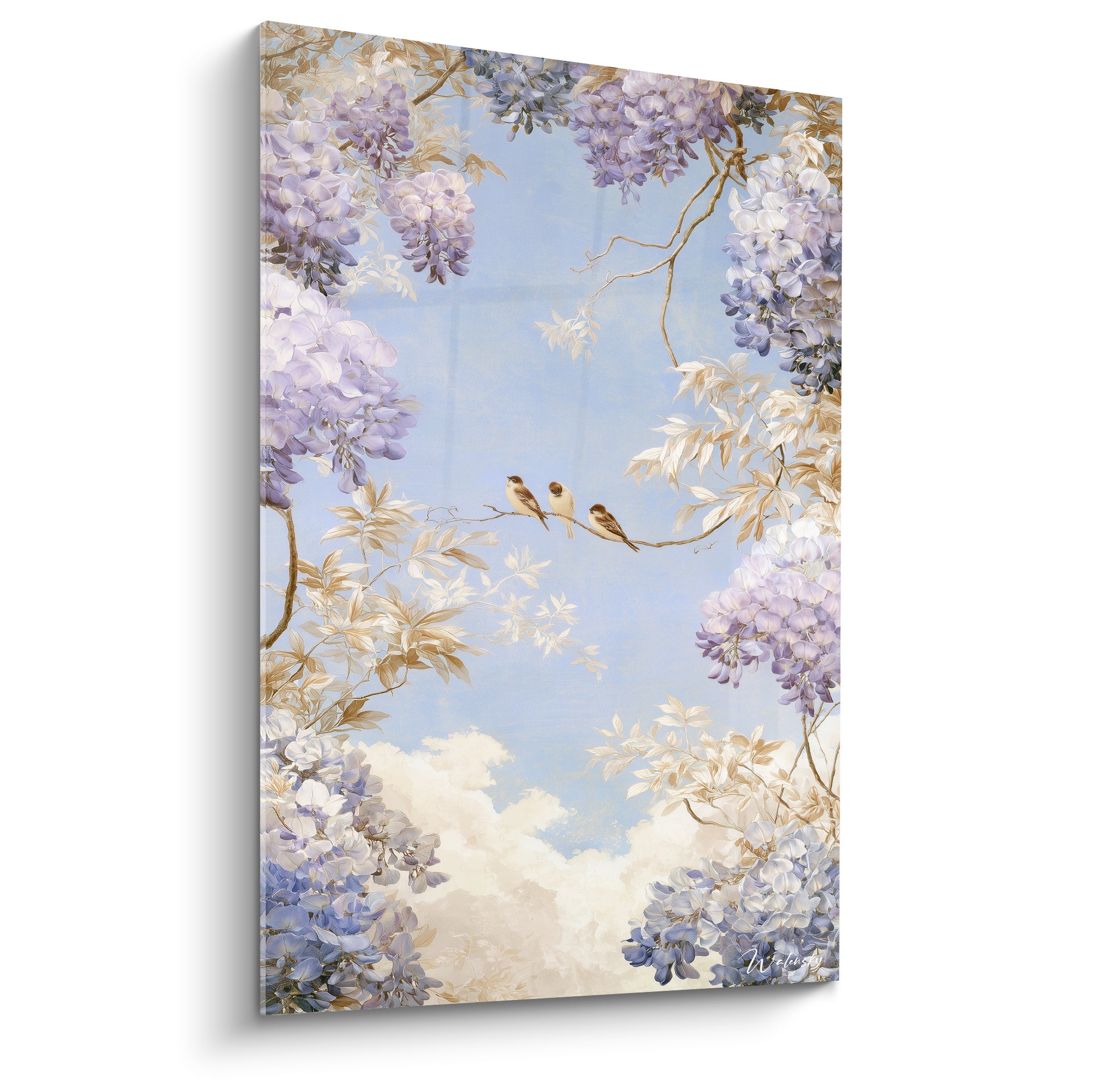 Glycine mauve et bleu ciel entourant trois oiseaux perchés sur une branche dorée