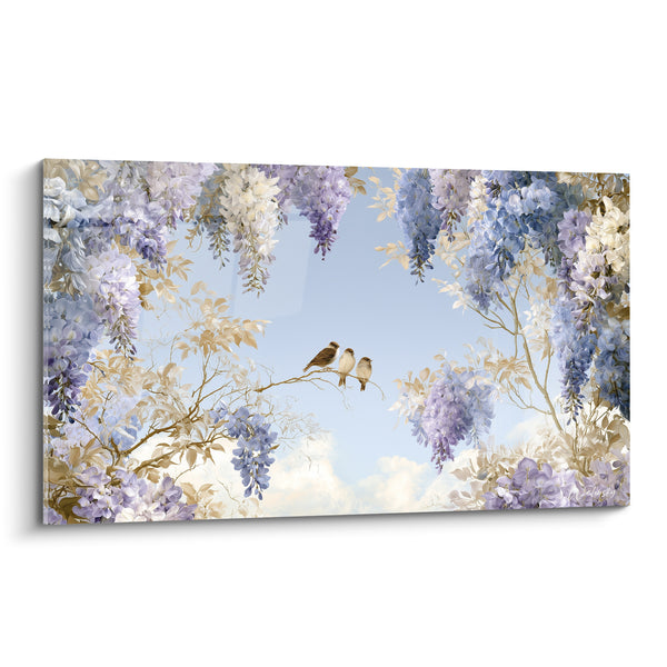 Tableau Trio de moineaux bleu pâle et mauve sous une arche fleurie - Ciel dégagé entre les branches - Edition Glycine
