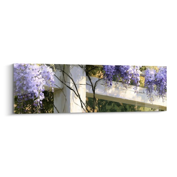Tableau Treillis blanc et grappes mauves suspendues - Poutres croisées ensoleillées - Edition Glycine