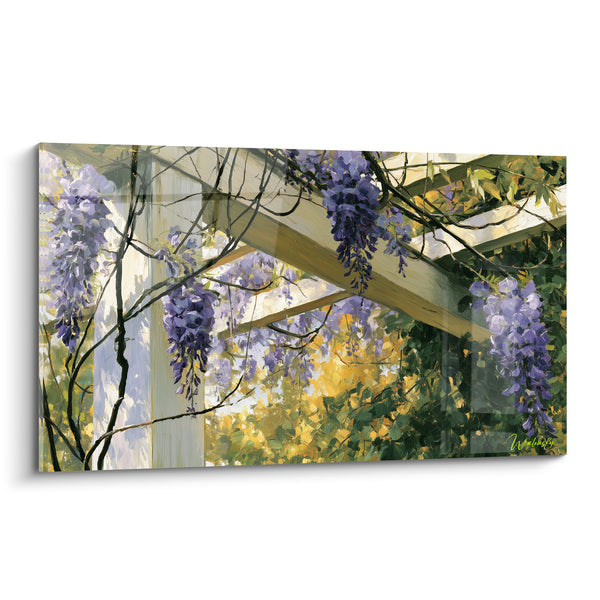 Tableau Poutre en bois violet et doré sous treillis - Poteau blanc vertical - Edition Glycine