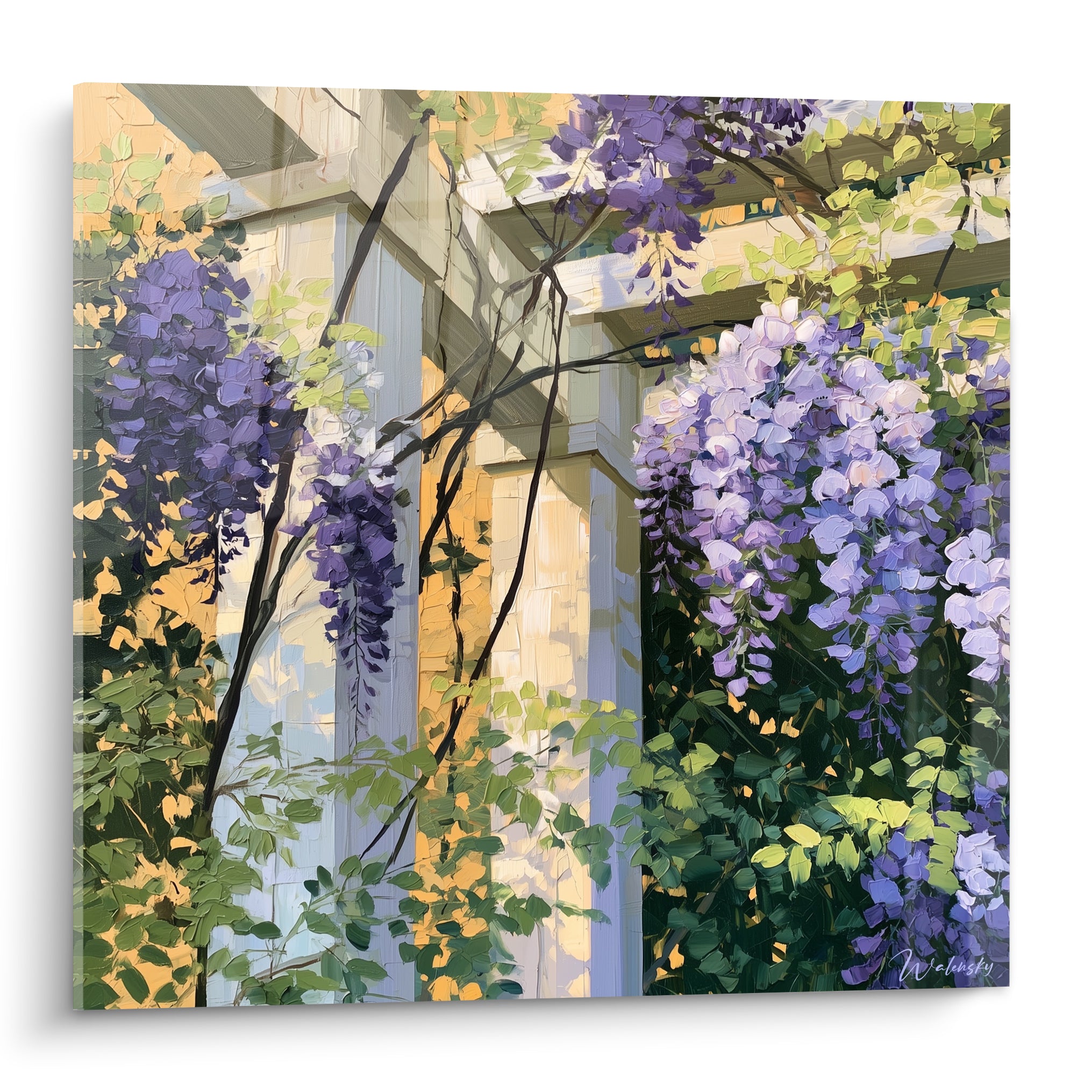 Glycine mauve et lilas tombant d'une pergola dorée, feuillage vert clair, style impressionniste peint au couteau
