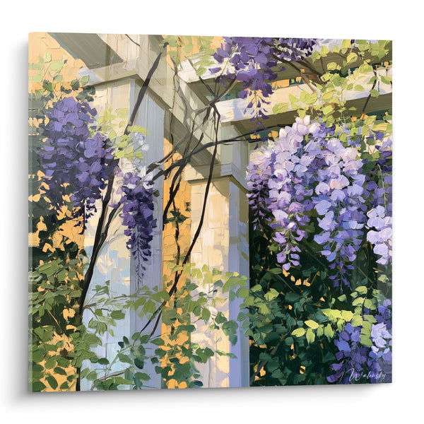 Tableau Pergola fleurie violet et vert doré - Refuge printanier - Edition Glycine