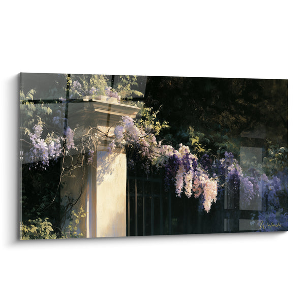 Tableau Glycine mauve et blanche sur pilier de pierre - Matin dans le jardin - Edition Glycine