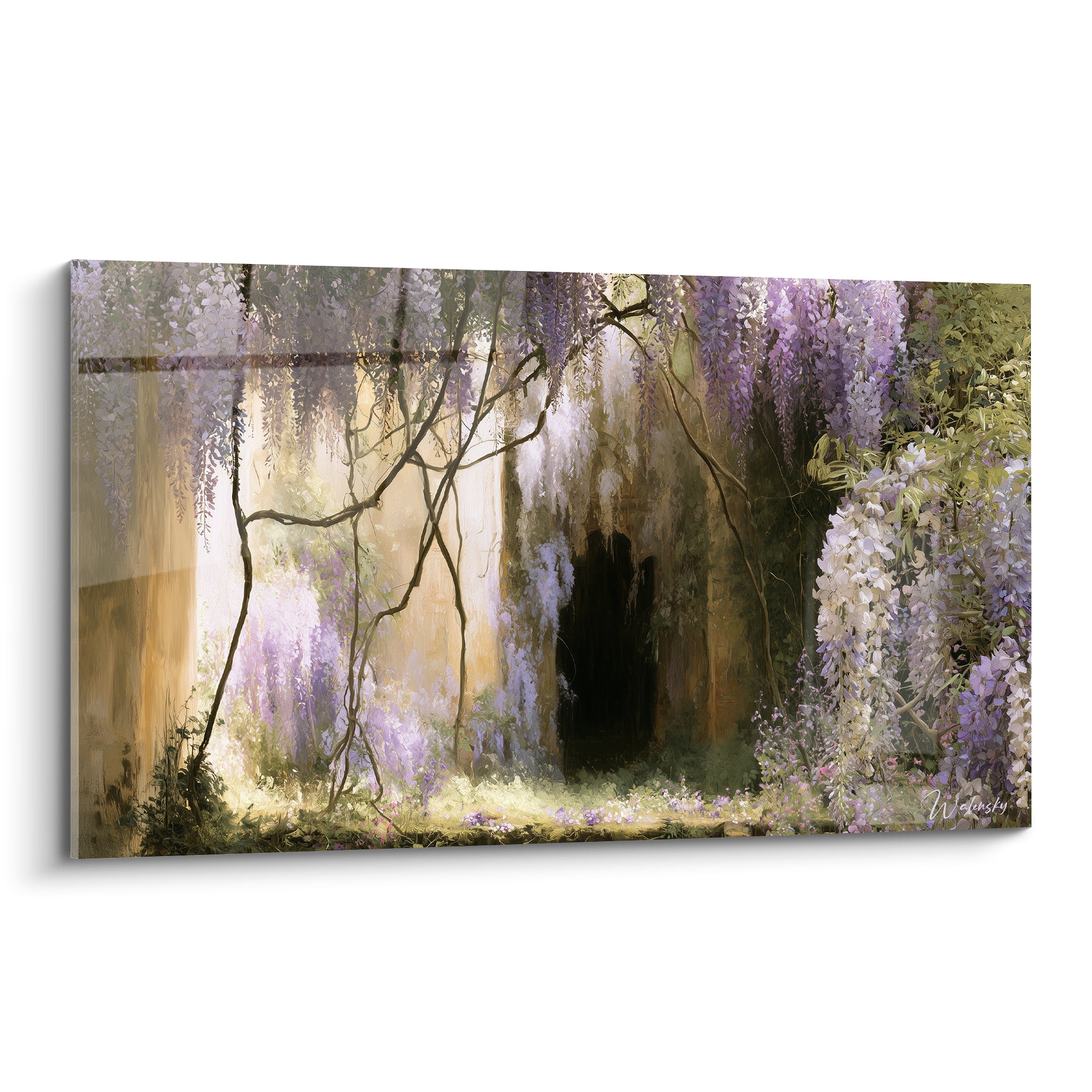 Glycine mauve et blanche encadrant une porte ancienne ocre, style impressionniste chaleureux