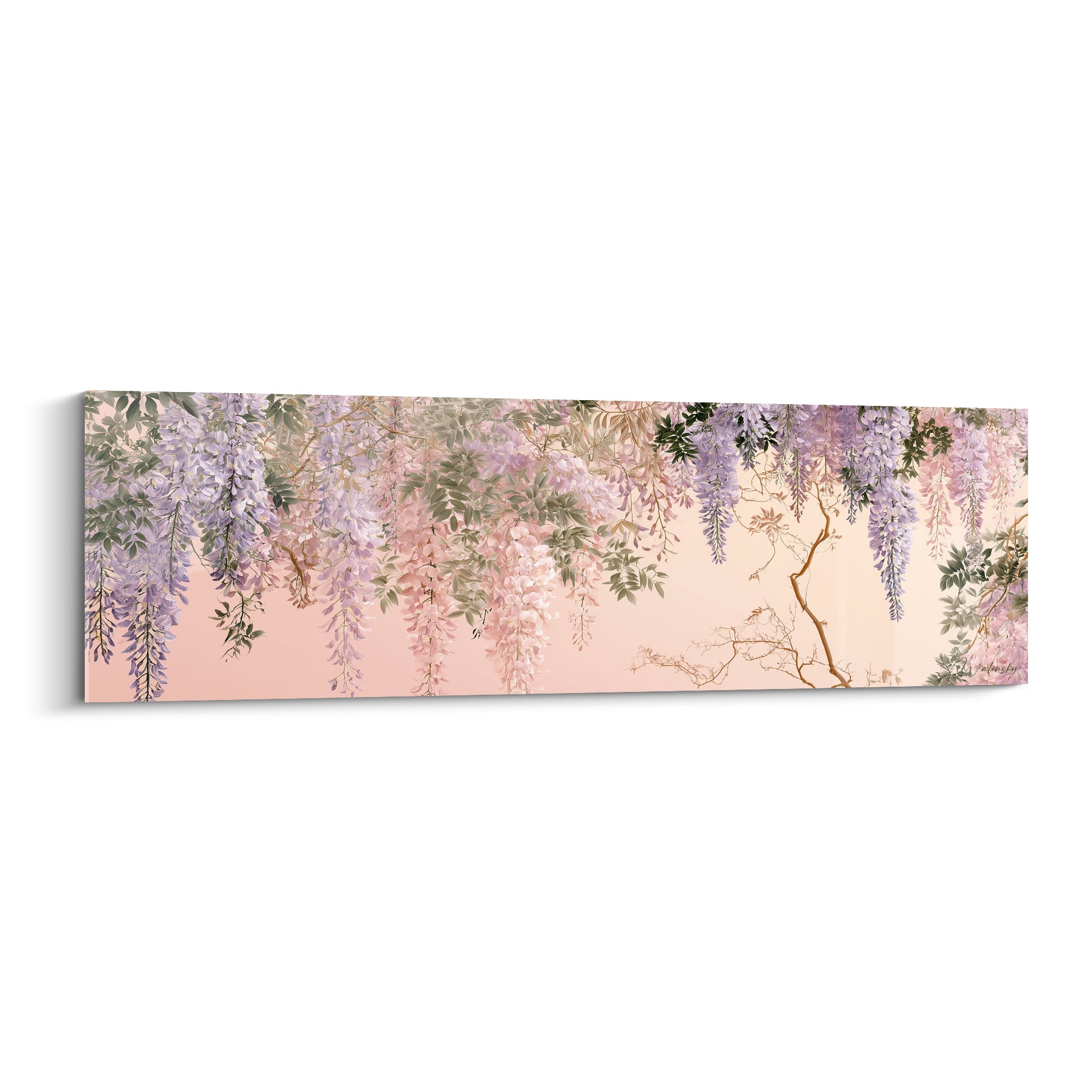 Glycine mauve et rose poudré en grappes suspendues sur fond doré, style aquarelle raffiné