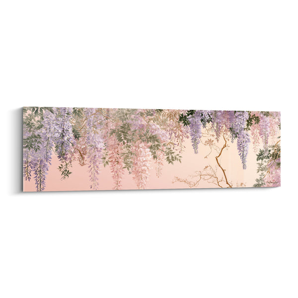 Tableau Grappes mauves et roses sur fond pêche - Fines branches dorées - Edition Glycine