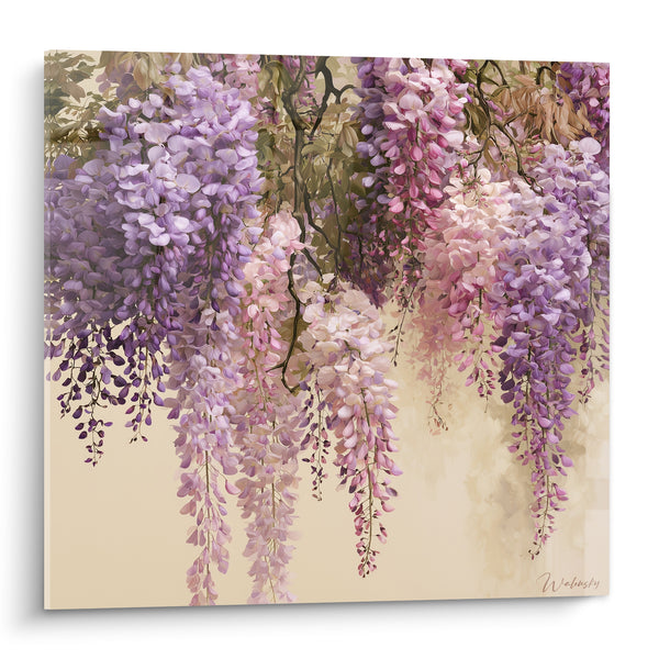 Tableau Grappes mauves et roses sur fond beige - Branches entremêlées - Edition Glycine
