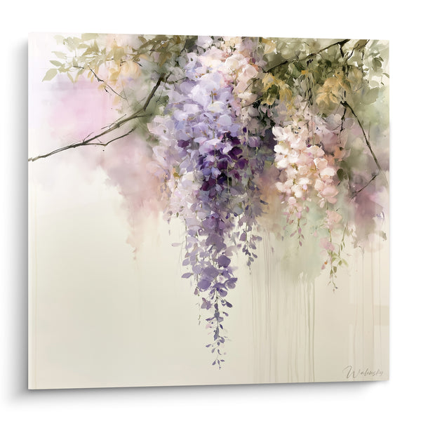 Tableau Grappes violettes et roses aux coulures fines - Branche double bouquet - Edition Glycine