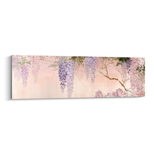 Tableau Grappes mauves et roses sur fond corail rosé - Magnolias en fleurs - Edition Glycine