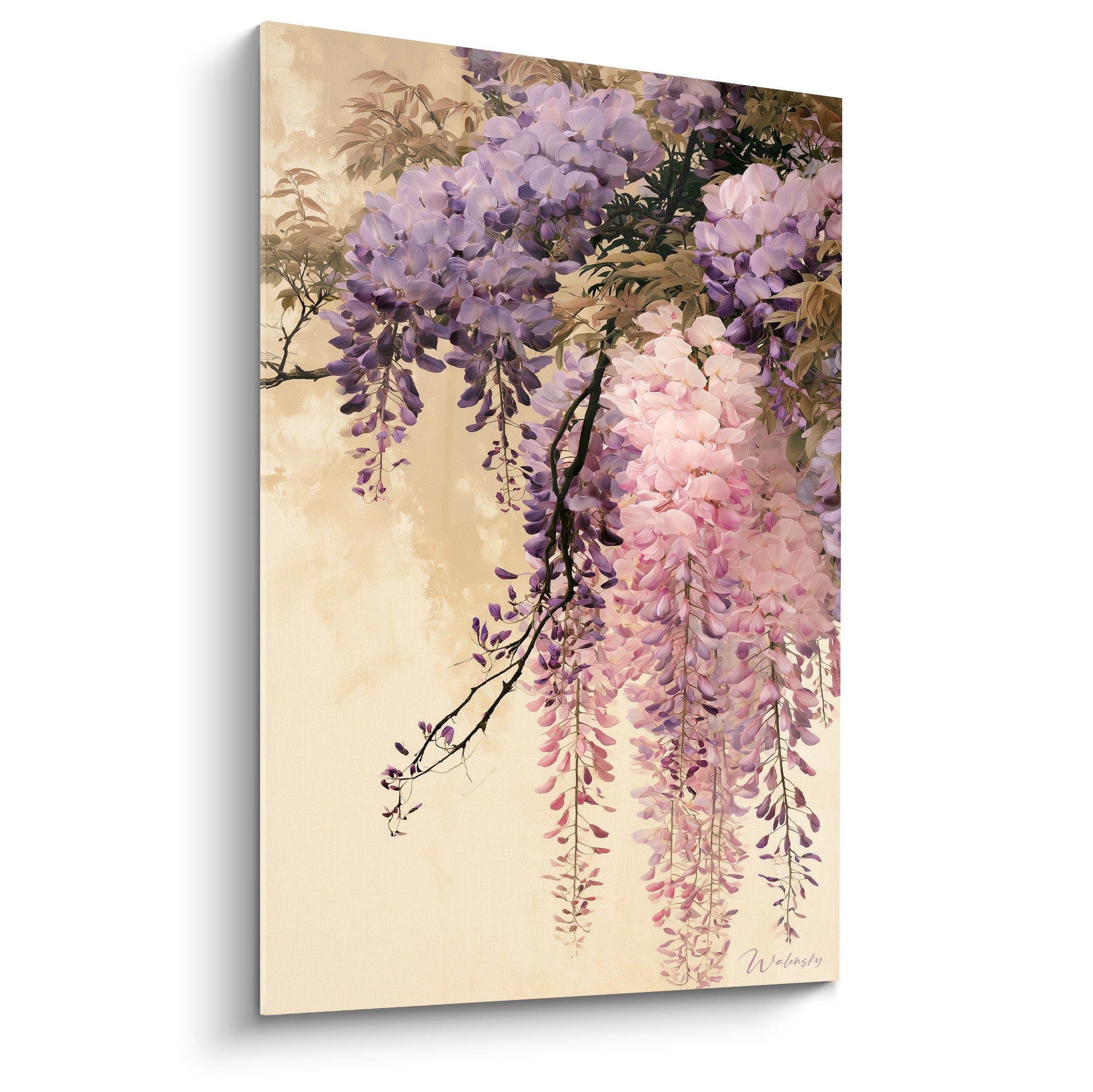Glycine mauve et rose en grappes suspendues sur fond ivoire texturé, style botanique délicat