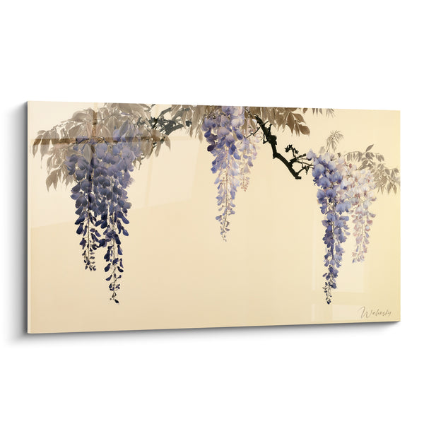 Tableau Grappes bleu violet et feuillage beige sépia sur branche noueuse - Feuillage sépia délavé - Edition Glycine