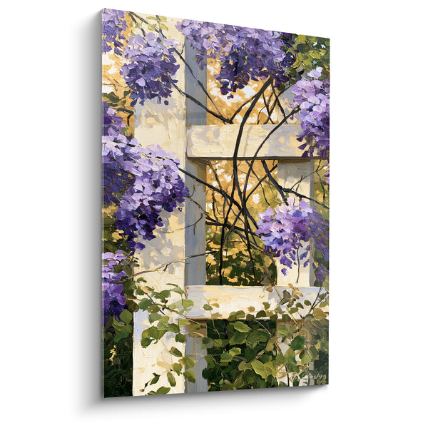 Tableau Treillage blanc et mauve aux branches entrecroisées - Lumière dorée filtrante - Edition Glycine