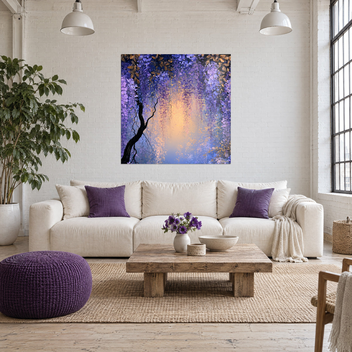 Wall art of violet wisteria cascading around a black trunk, golden glow at the center, above a sofa in a bright living room